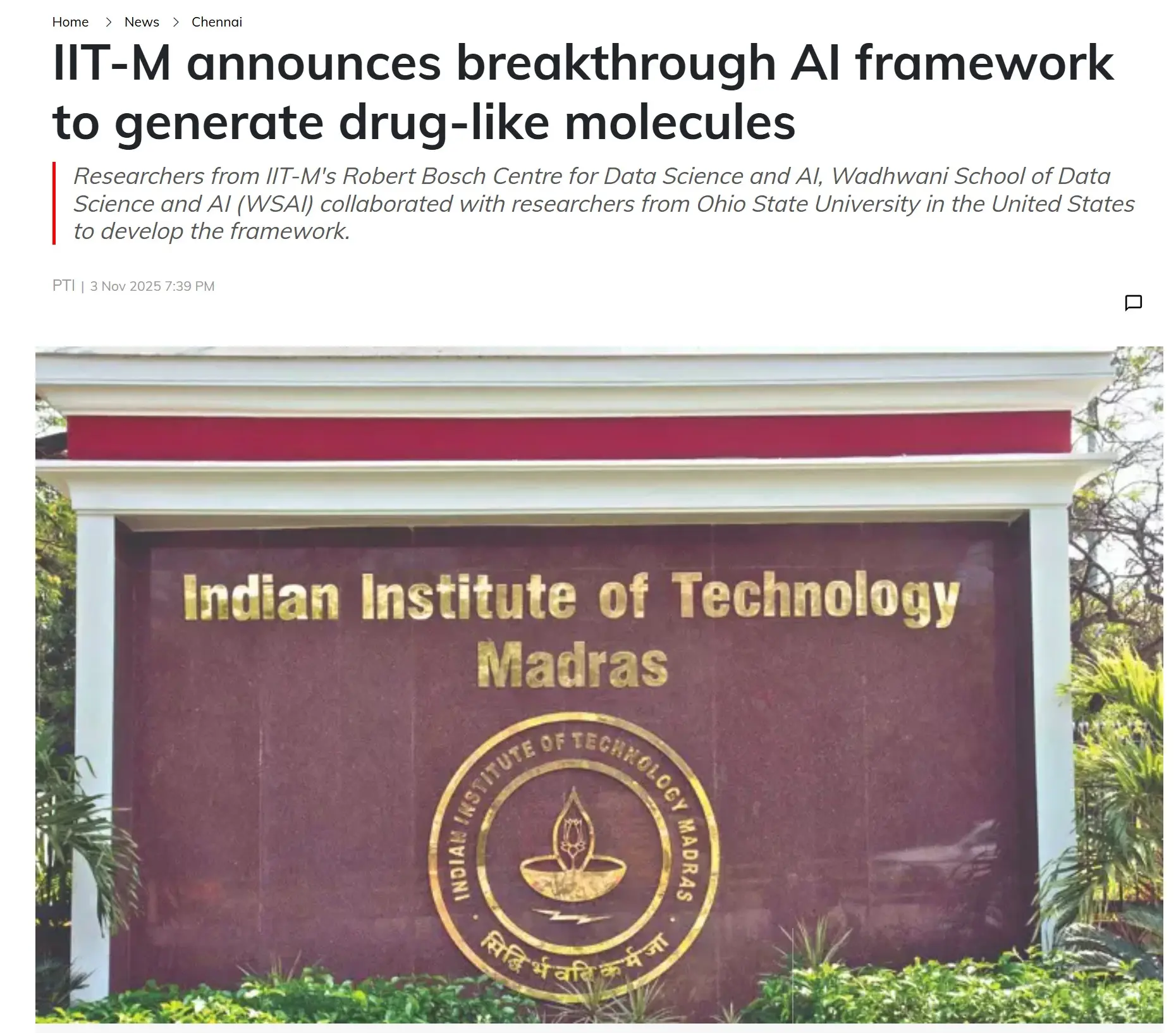 IIT-M announces breakthrough AI framework to generate drug-like molecules