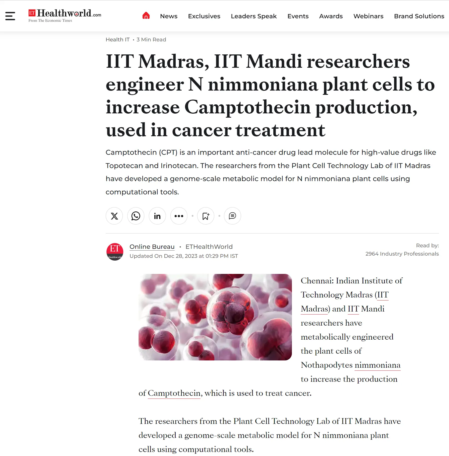 IIT Madras, IIT Mandi researchers engineer N nimmoniana plant cells to increase Camptothecin production, used in cancer treatment