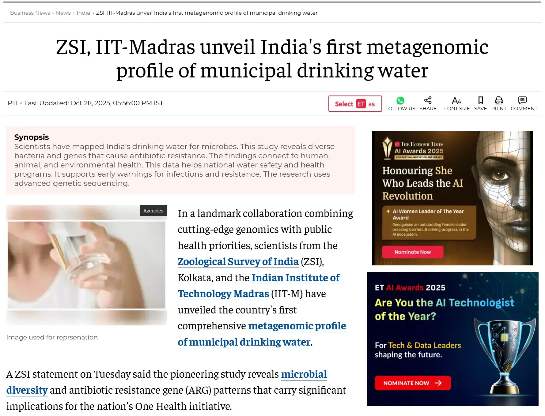 ZSI, IIT-Madras unveil India's first metagenomic profile of municipal drinking water
