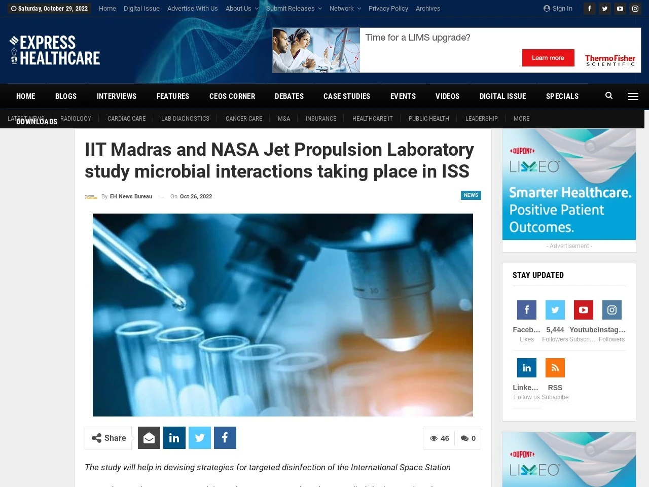 IIT Madras and NASA Jet Propulsion Laboratory study microbial interactions taking place in ISS