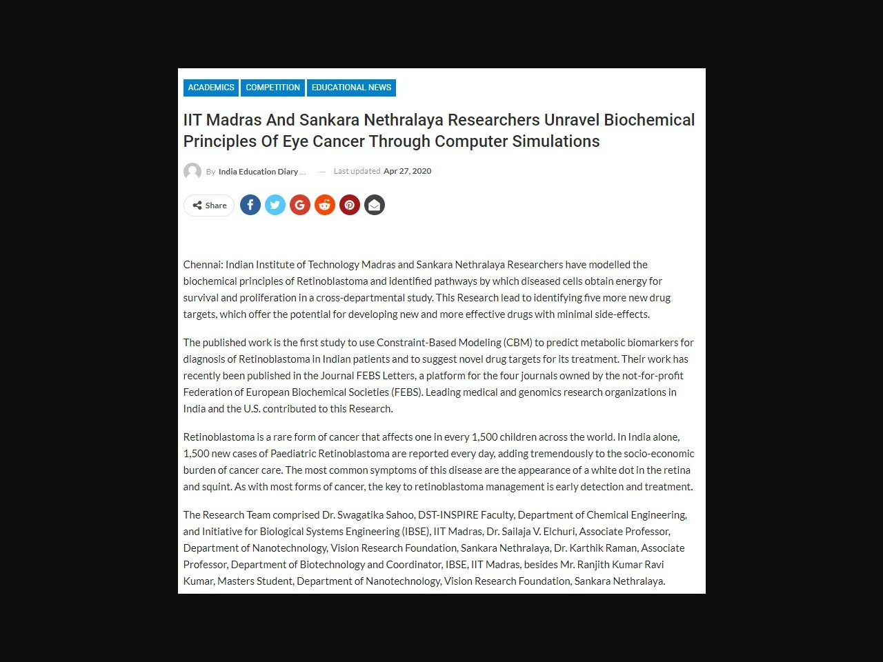 IIT Madras And Sankara Nethralaya Researchers Unravel Biochemical Principles Of Eye Cancer Through Computer Simulations