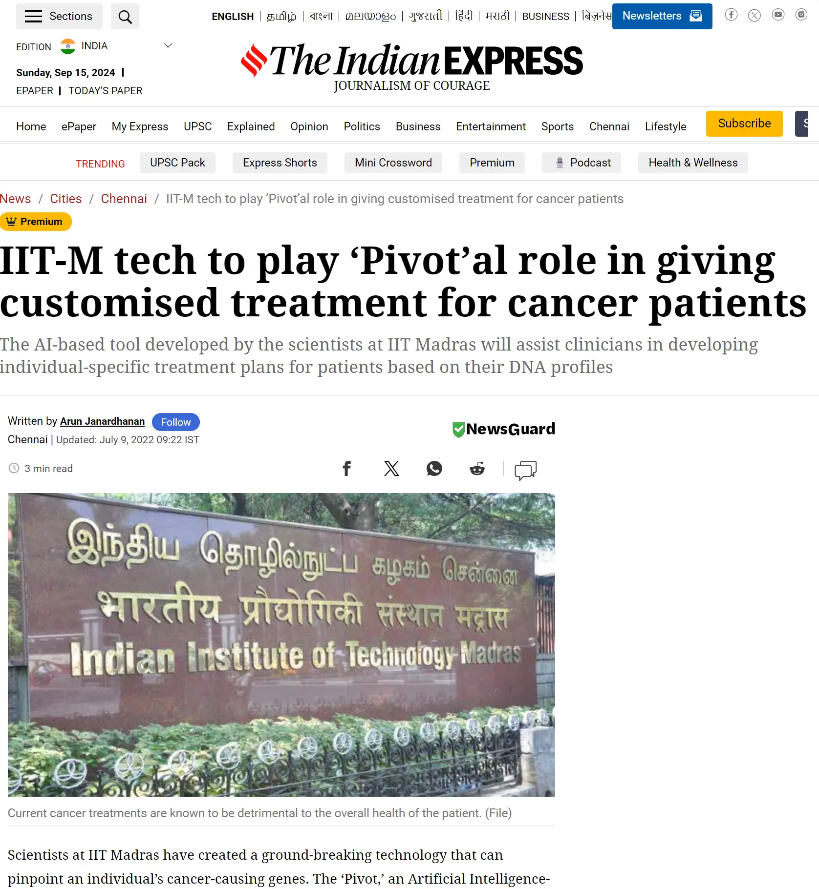 IIT-M tech to play ‘Pivot’al role in giving customised treatment for cancer patients