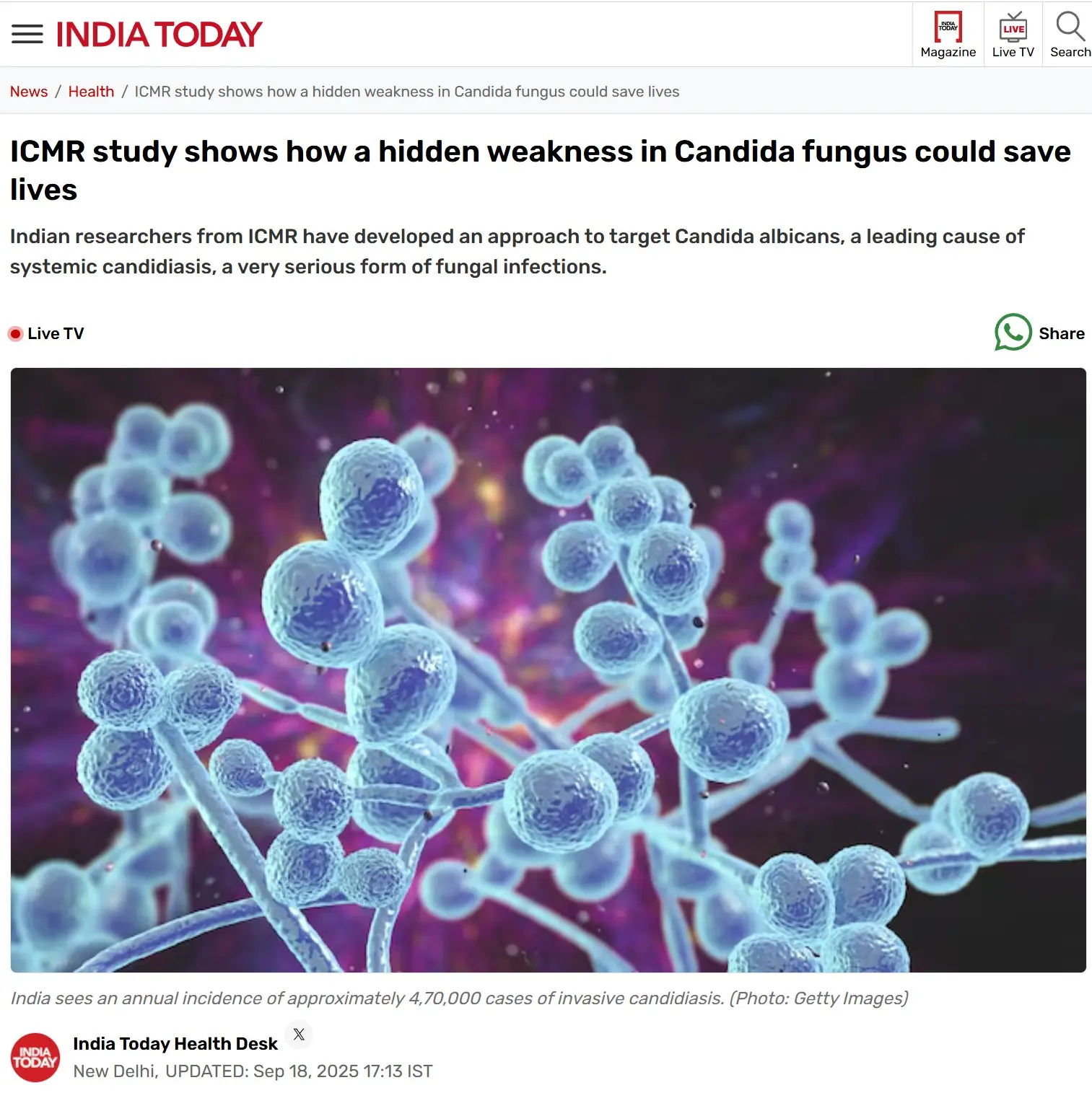ICMR study shows how a hidden weakness in Candida fungus could save lives