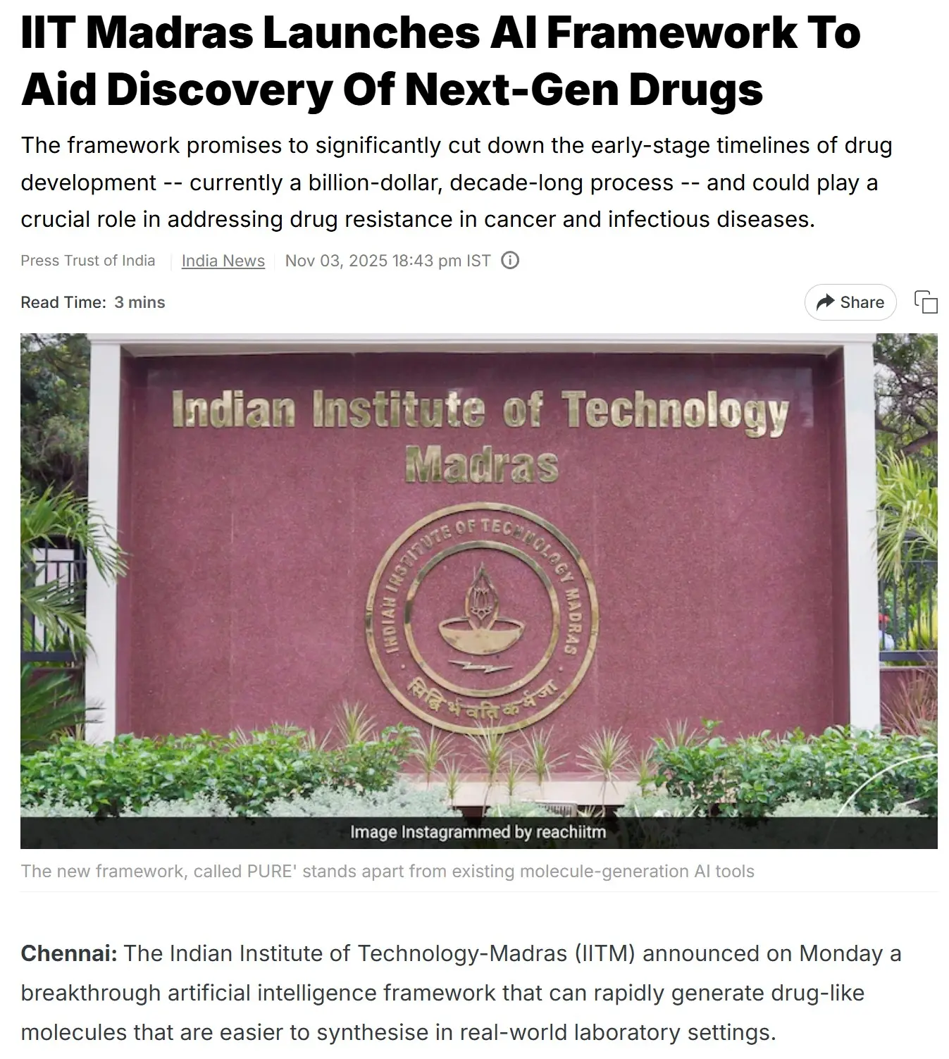 IIT Madras Launches AI Framework To Aid Discovery Of Next-Gen Drugs