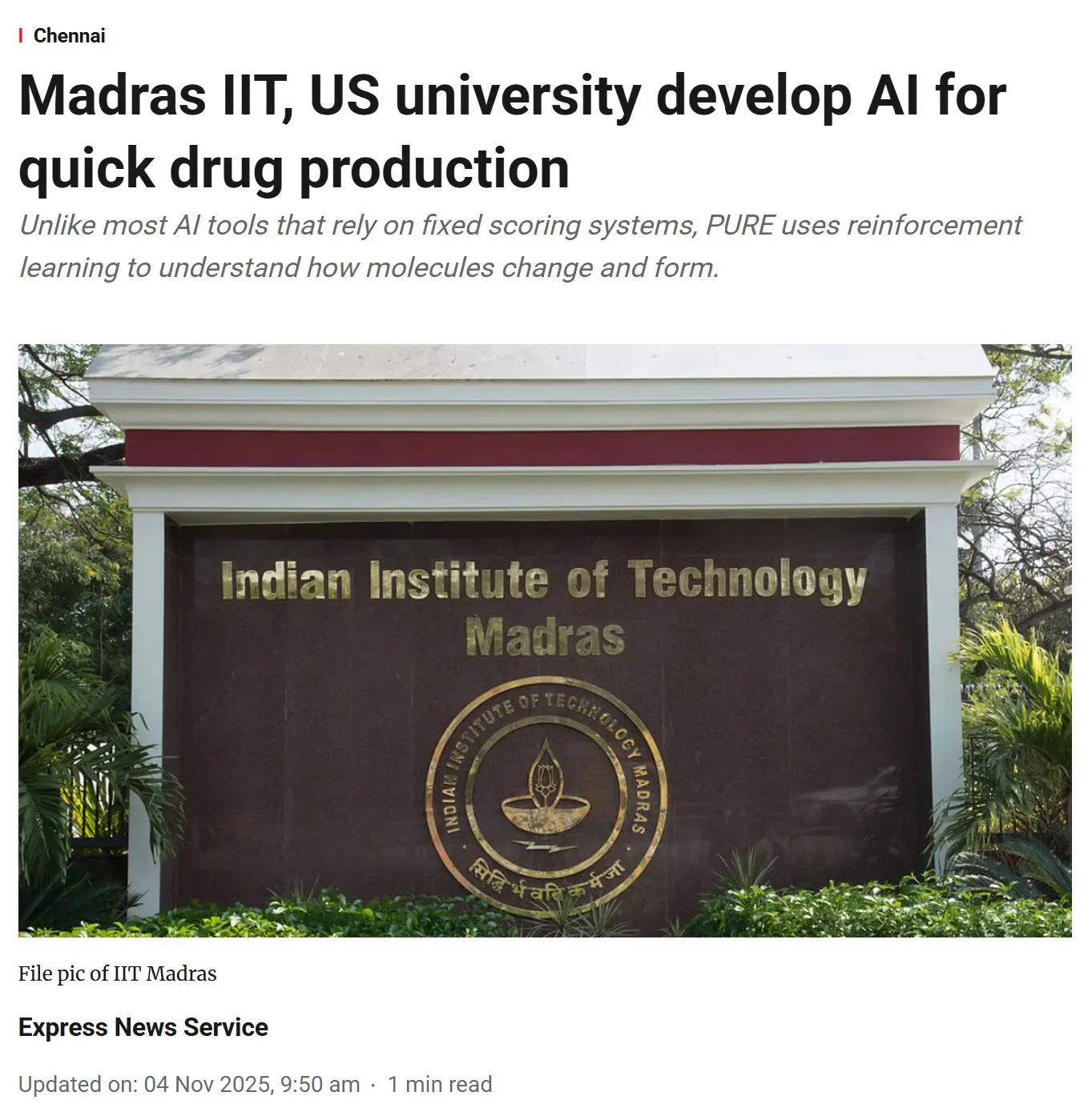 Madras IIT, US university develop AI for quick drug production