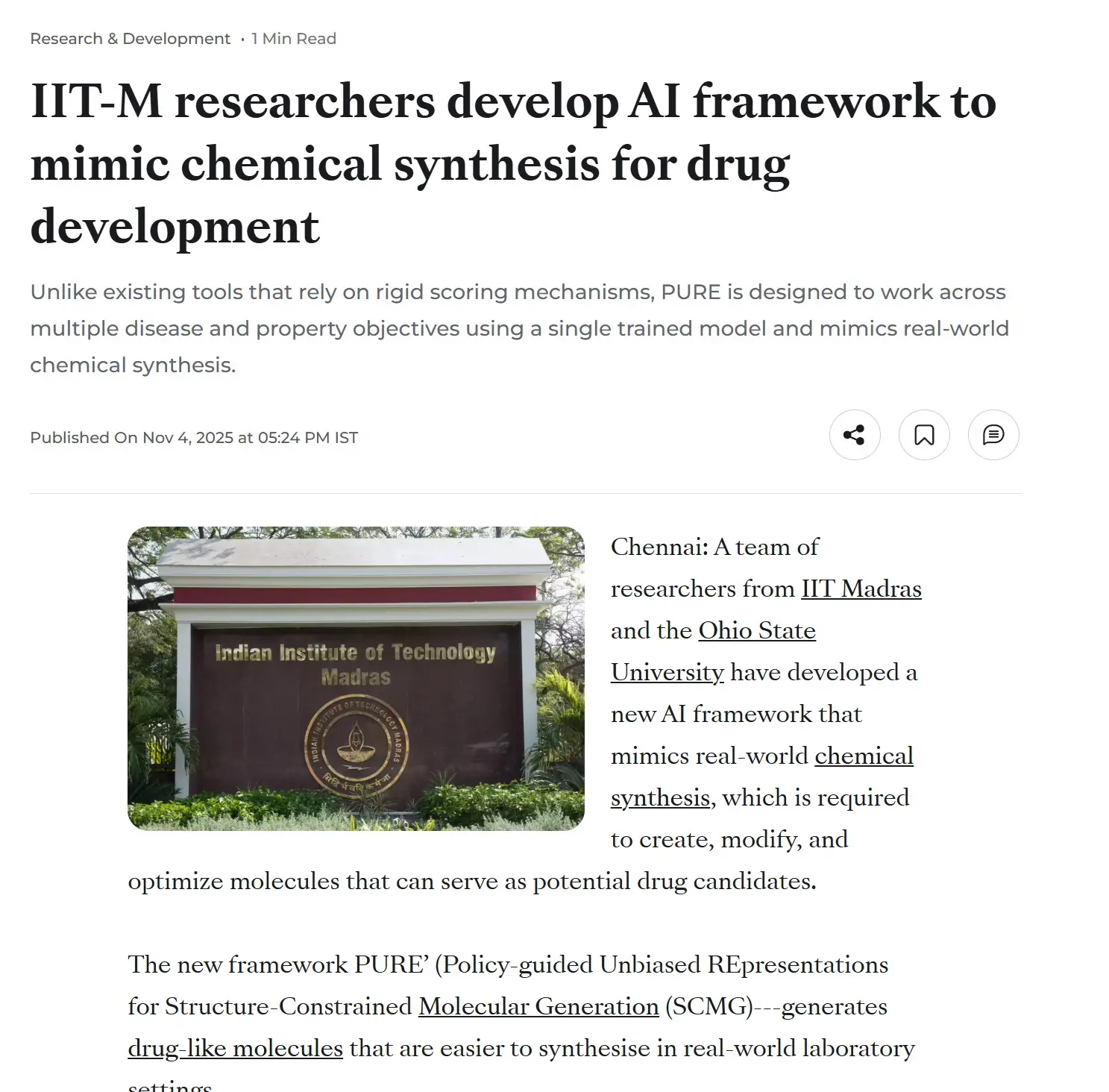 IIT-M researchers develop AI framework to mimic chemical synthesis for drug development