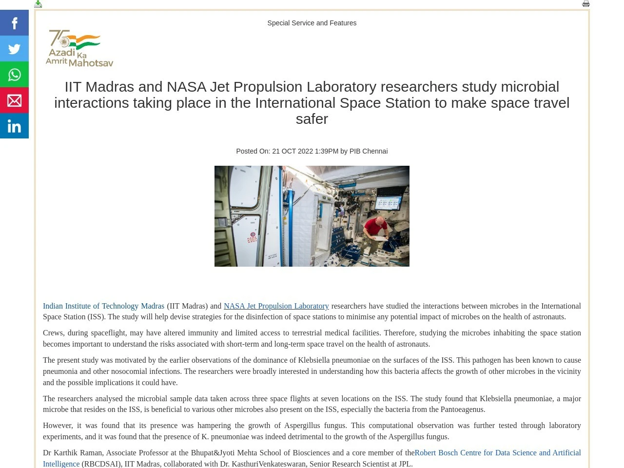 IIT Madras and NASA Jet Propulsion Laboratory researchers study microbial interactions taking place in the International Space Station to make space travel safer