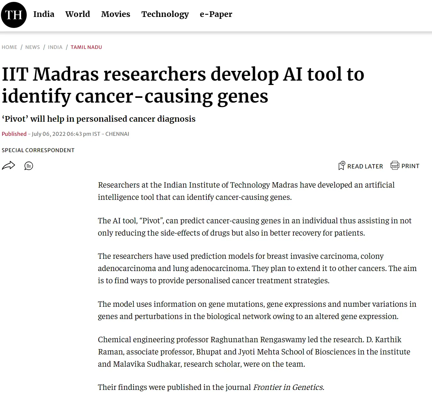 IIT Madras researchers develop AI tool to identify cancer-causing genes