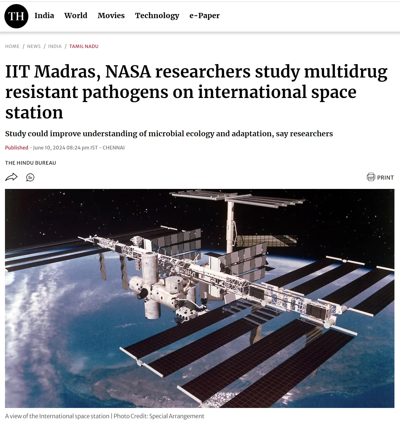 IIT Madras, NASA researchers study multidrug resistant pathogens on international space station