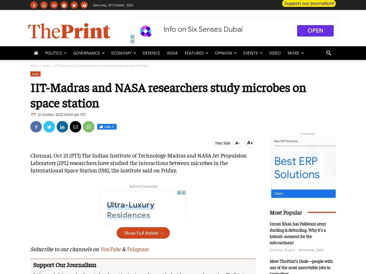 IIT-Madras and NASA researchers study microbes on space station