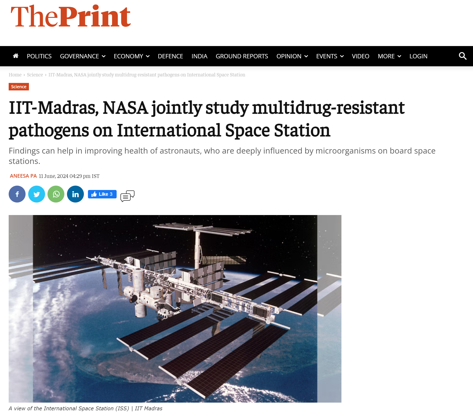 IIT-Madras, NASA jointly study multidrug-resistant pathogens on International Space Station