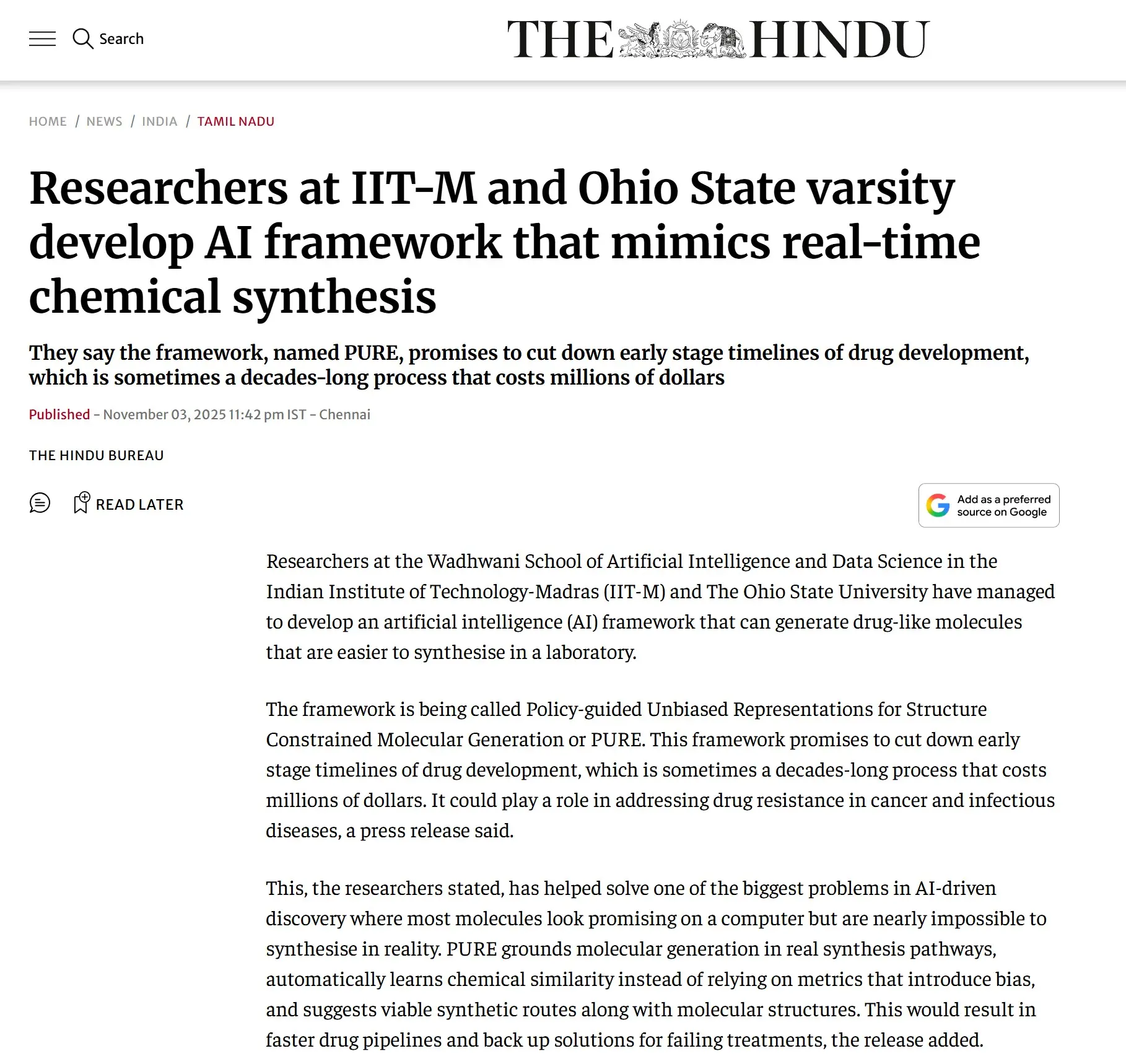 Researchers at IIT-M and Ohio State varsity develop AI framework that mimics real-time chemical synthesis