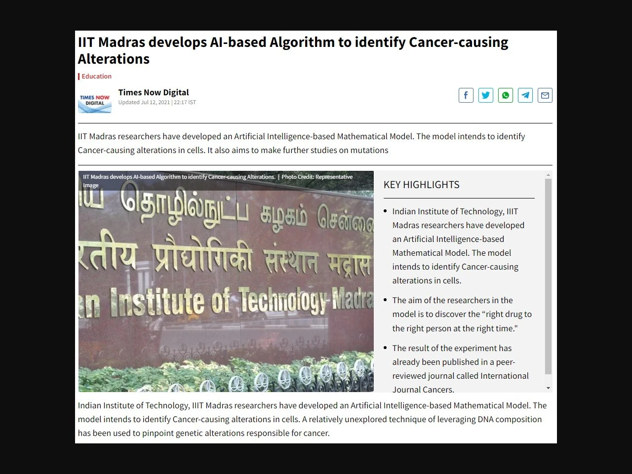 IIT Madras develops AI-based Algorithm to identify Cancer-causing Alterations