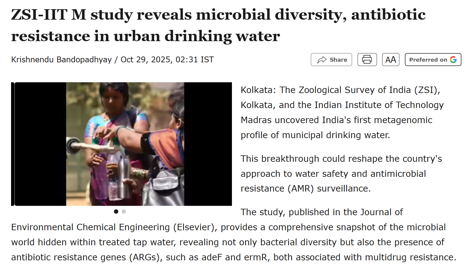 ZSI-IIT M study reveals microbial diversity, antibiotic resistance in urban drinking water